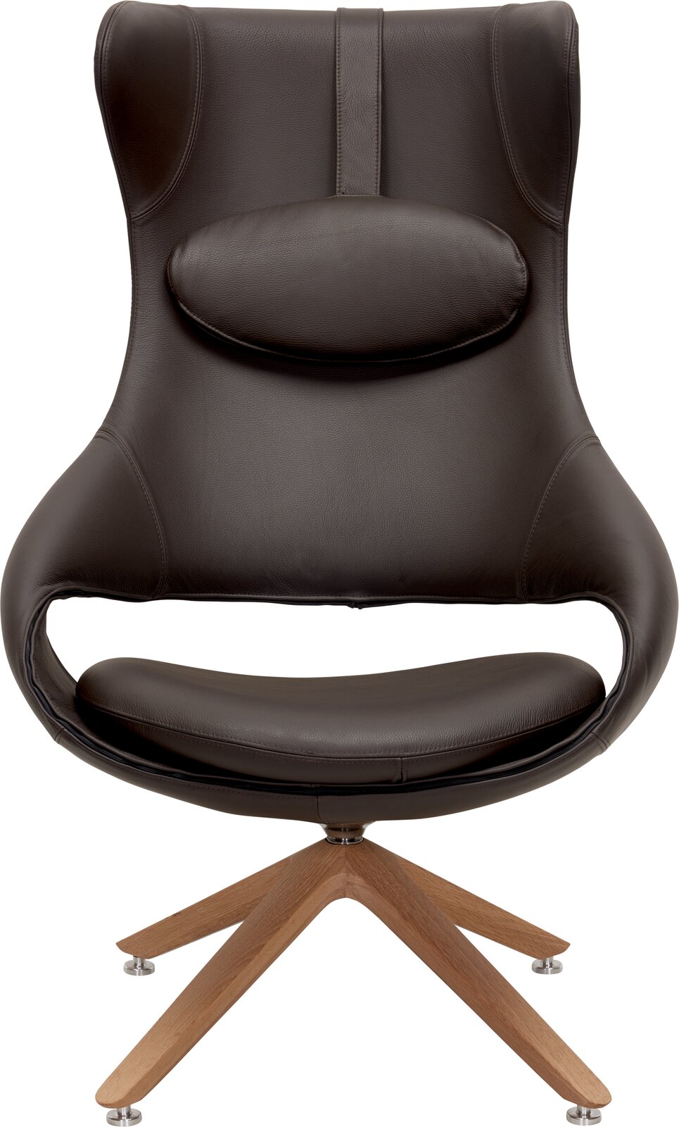 Moderner brauner Ohrensessel mit Holzfuß, Frontalansicht