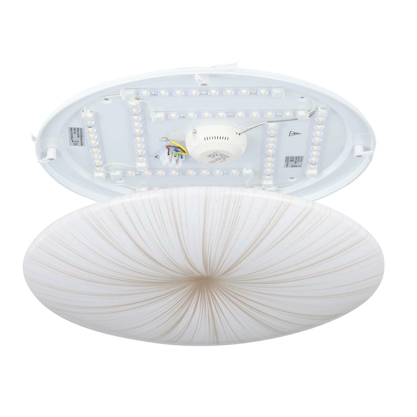 LED-Deckenleuchte NIEVES 1 in geöffneter Perspektive, zeigt die interne LED-Struktur und das dekorative Muster auf der Abdeckung.