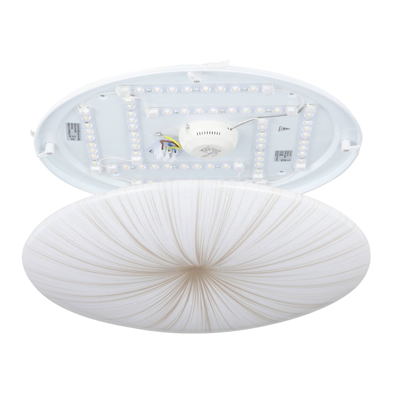 LED-Deckenleuchte NIEVES 1 in geöffneter Perspektive, zeigt die interne LED-Struktur und das dekorative Muster auf der Abdeckung.