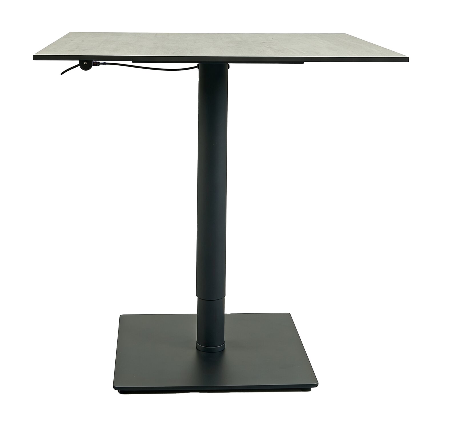 Moderner quadratischer Bartisch mit schwarzem Metallgestell, seitliche Perspektive