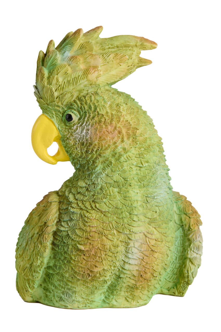 Groen papegaaienornament van keramiek, zijaanzicht
