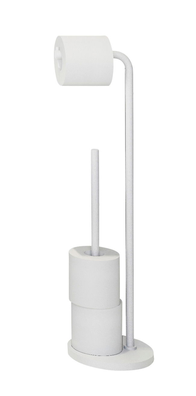 Weißer Toilettenpapierhalter mit zwei zusätzlichen Rollen, seitliche Perspektive