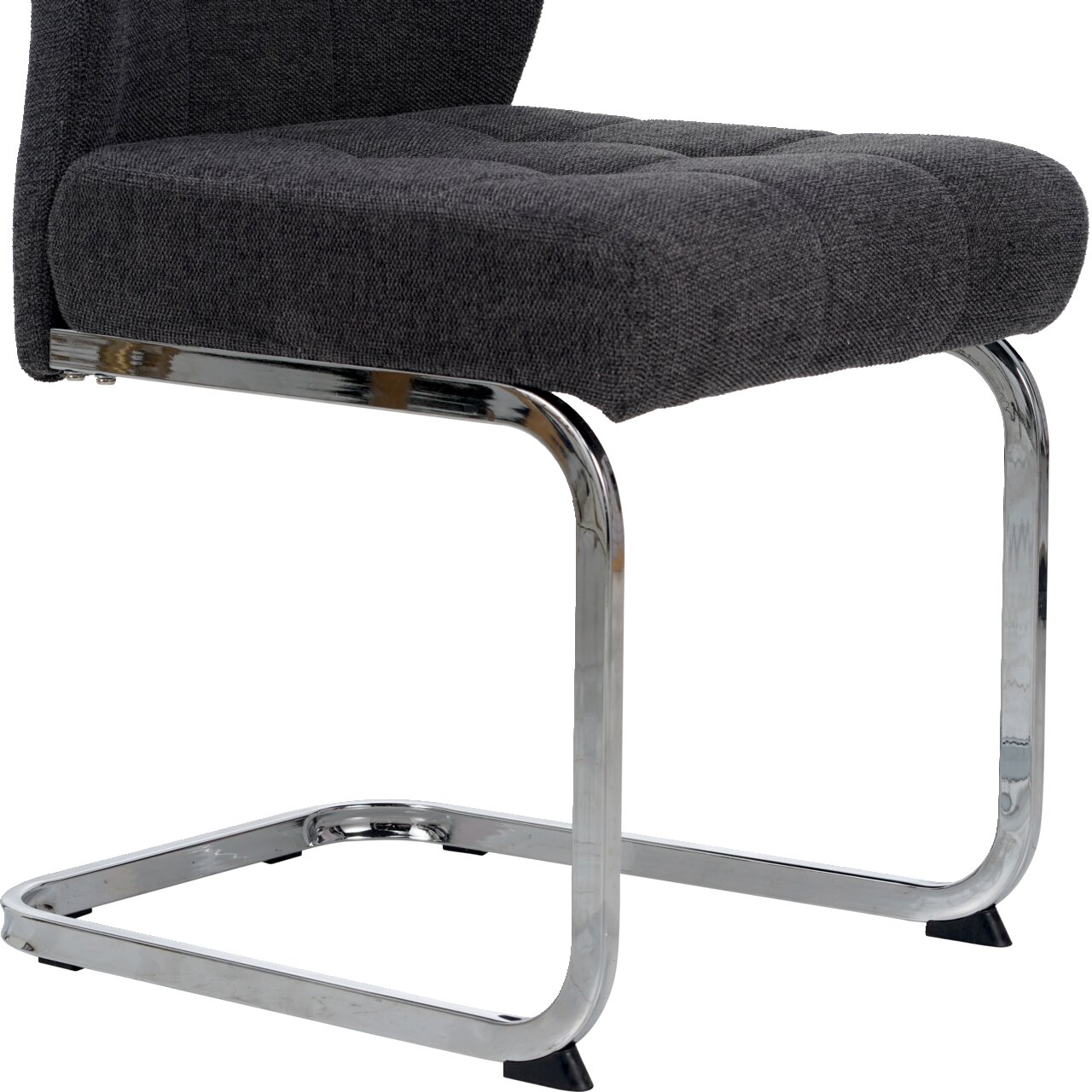 Moderner Schwingstuhl mit grauem Polster und verchromtem Gestell, seitliche Perspektive