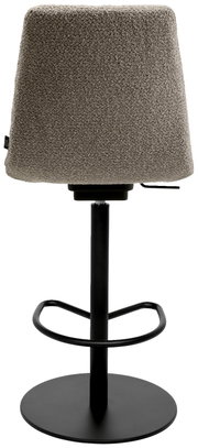 Achterkant van een moderne barkruk met grijze stoffen bekleding en een zwart metalen frame.