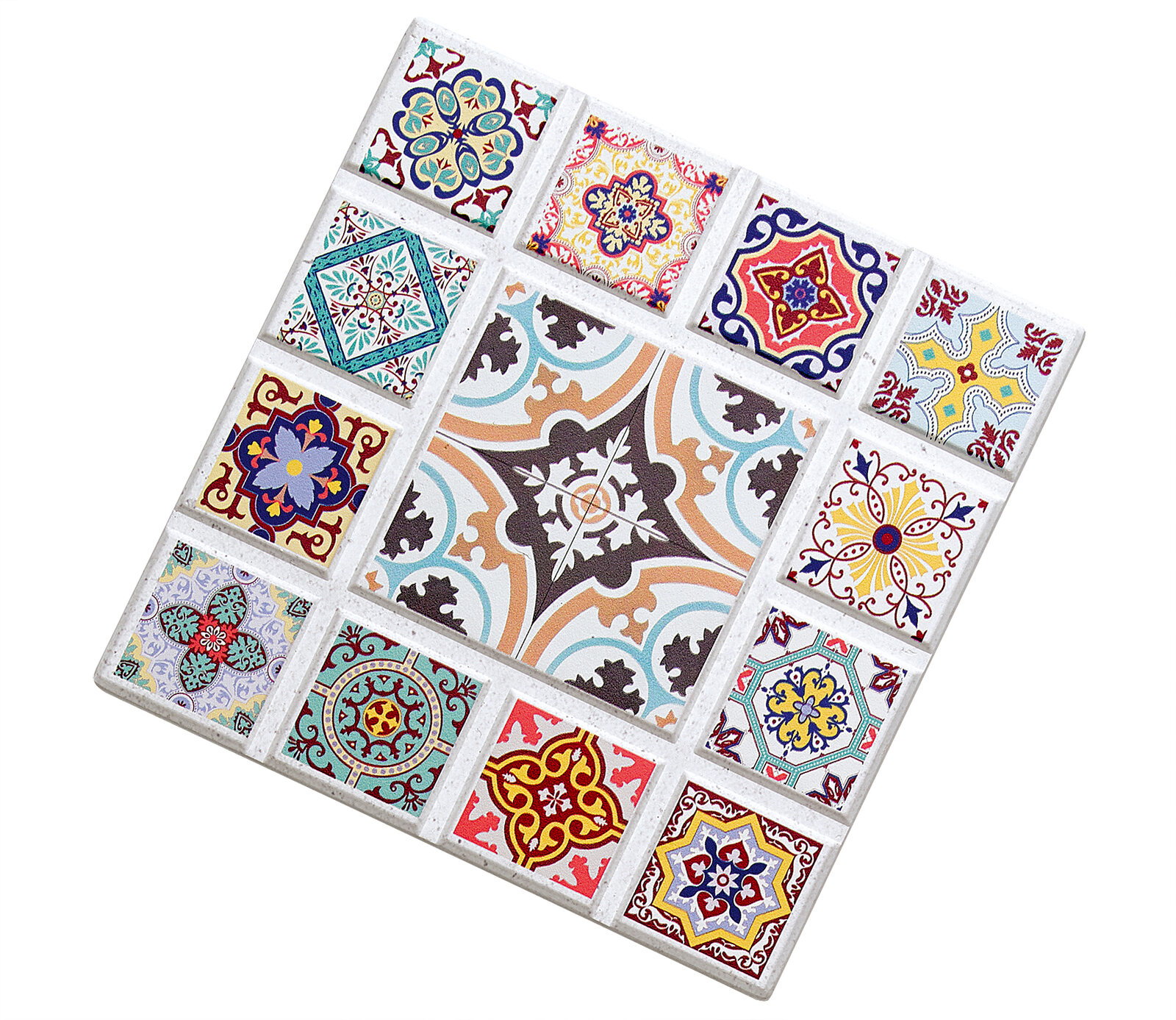 Zassenhaus Untersetzer AGADIR Untersetzer AGADIR Stern mit bunten, geometrischen Mustern in einer schrägen Draufsicht.