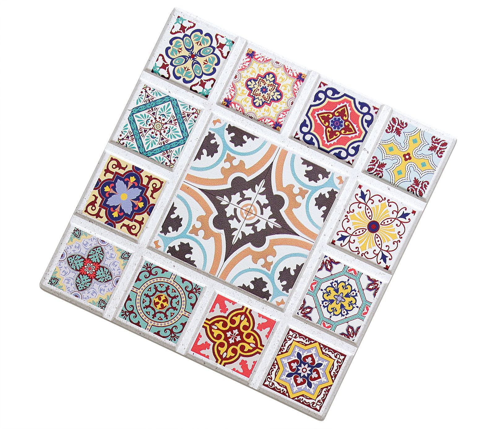 Untersetzer AGADIR Stern mit bunten, geometrischen Mustern in einer schrägen Draufsicht.