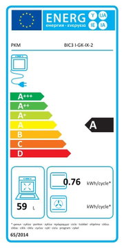 EU-Energielabel für PKM Geschirrspüler Modell BIC3 I-GK-IX-2, Energieeffizienzklasse A, 0,76 kWh pro Zyklus und 59 l Verbrauch, frontale Ansicht