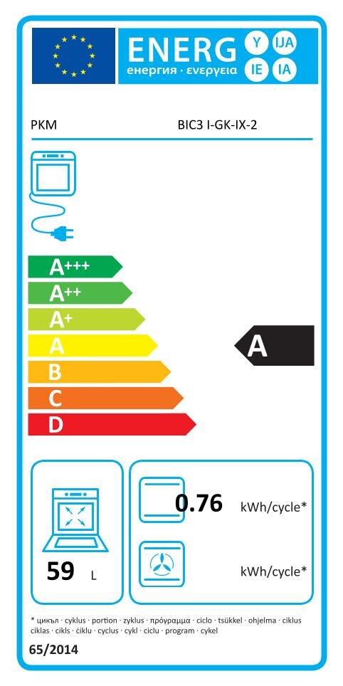 EU-Energielabel für PKM Geschirrspüler Modell BIC3 I-GK-IX-2, Energieeffizienzklasse A, 0,76 kWh pro Zyklus und 59 l Verbrauch, frontale Ansicht