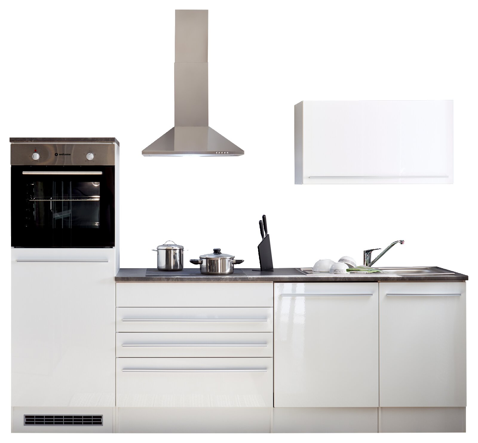 Moderne keukenblok zonder elektrische apparaten, vooraanzicht met fornuis, afzuigkap, kasten en spoelbak.