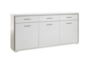 Weißes Sideboard mit drei Schubladen und drei Türen, seitliche Perspektive