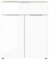 Weiße Kommode mit zwei Türen und einer Schublade, frontale Ansicht