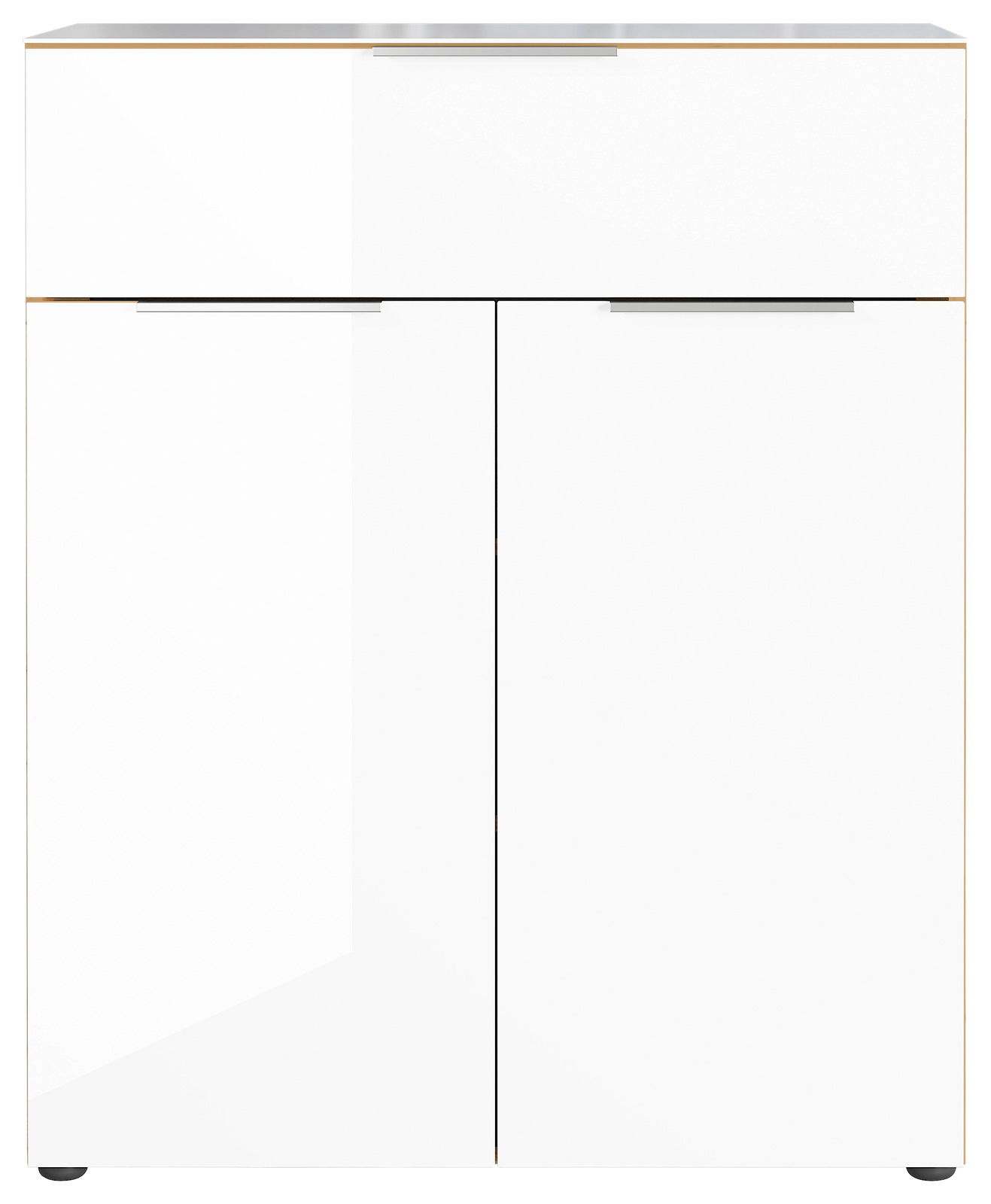 Weiße Kommode mit zwei Türen und einer Schublade, frontale Ansicht