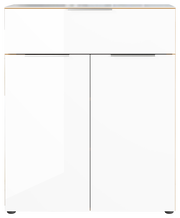 Weiße Kommode mit zwei Türen und einer Schublade, frontale Ansicht