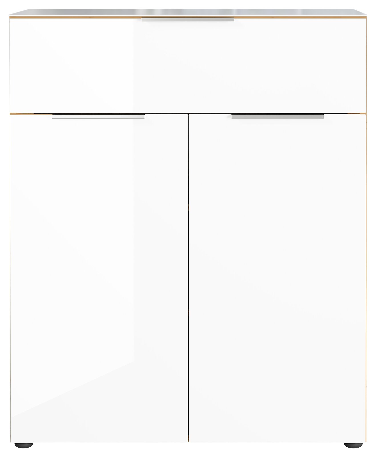 Weiße Kommode mit zwei Türen und einer Schublade, frontale Ansicht