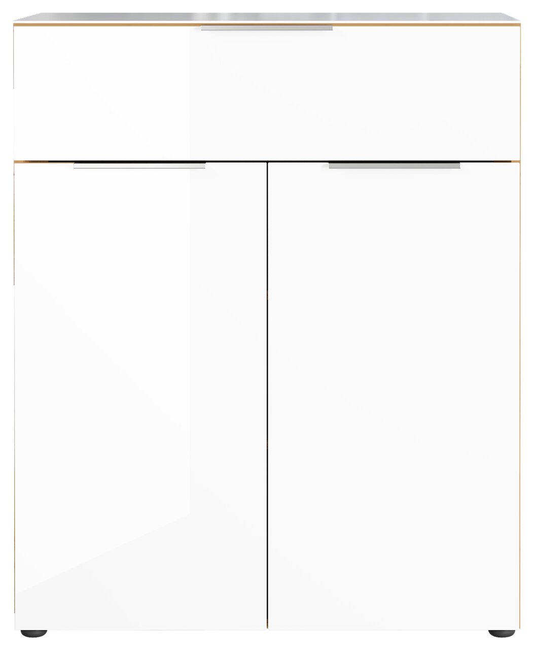 Weiße Kommode mit zwei Türen und einer Schublade, frontale Ansicht