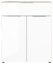 Weiße Kommode mit zwei Türen und einer Schublade, frontale Ansicht