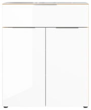 Weiße Kommode mit zwei Türen und einer Schublade, frontale Ansicht