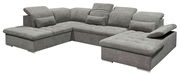 Graues Ecksofa mit verstellbaren Kopfstützen und Kissen, Perspektive von vorne links