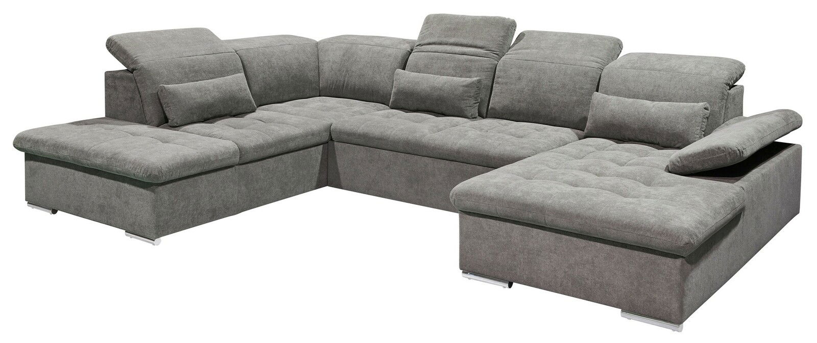Graues Ecksofa mit verstellbaren Kopfstützen und Kissen, Perspektive von vorne links