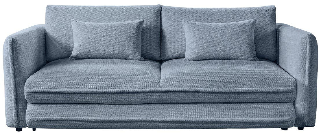Blaues Funktionssofa mit zwei Kissen, Frontalansicht