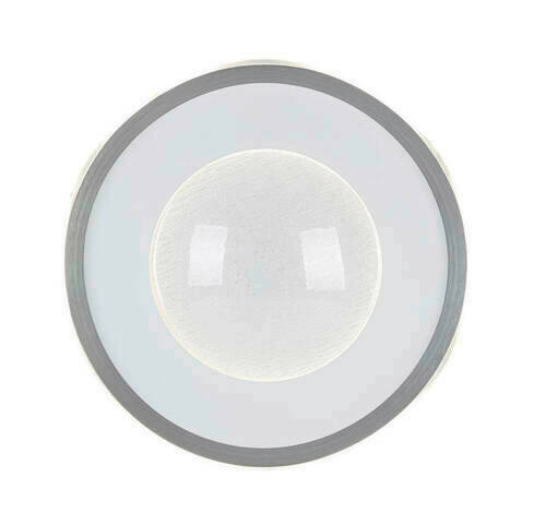 Runde LED-Deckenleuchte aus der Vogelperspektive mit grauem Rand und zentralem Leuchtelement.