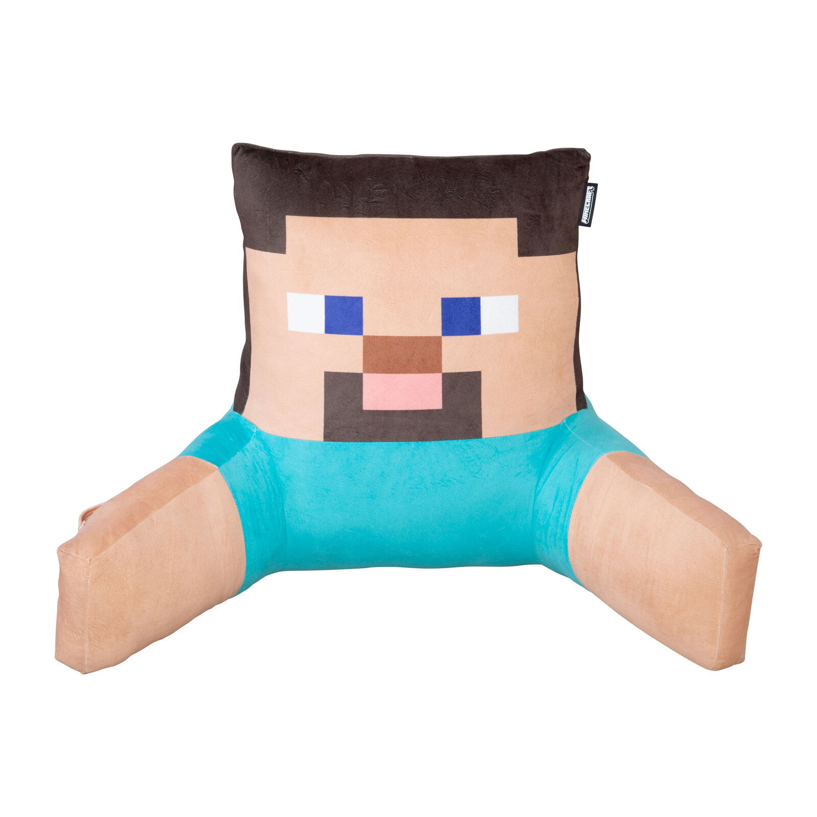 Minecraft Steve Plüschkissen in Form einer Figur mit Armen, türkisfarbenem Oberteil und pixeligem Gesicht, freigestellt auf weißem Hintergrund, Frontansicht