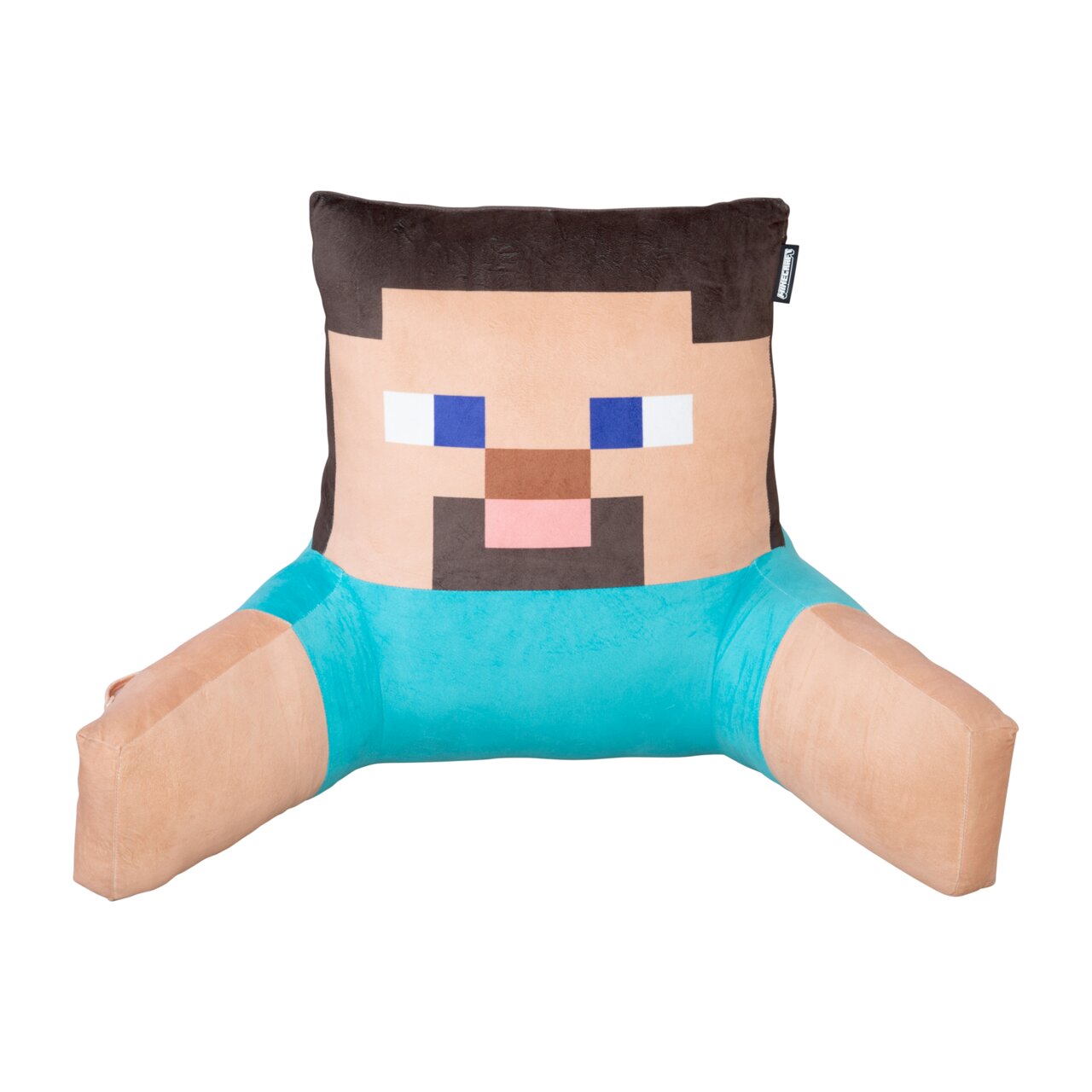 Minecraft Steve-knuffelkussen in de vorm van een figuurtje met armen, een turquoise shirt en een pixelachtig gezicht, vrijstaand op een witte achtergrond, vooraanzicht
