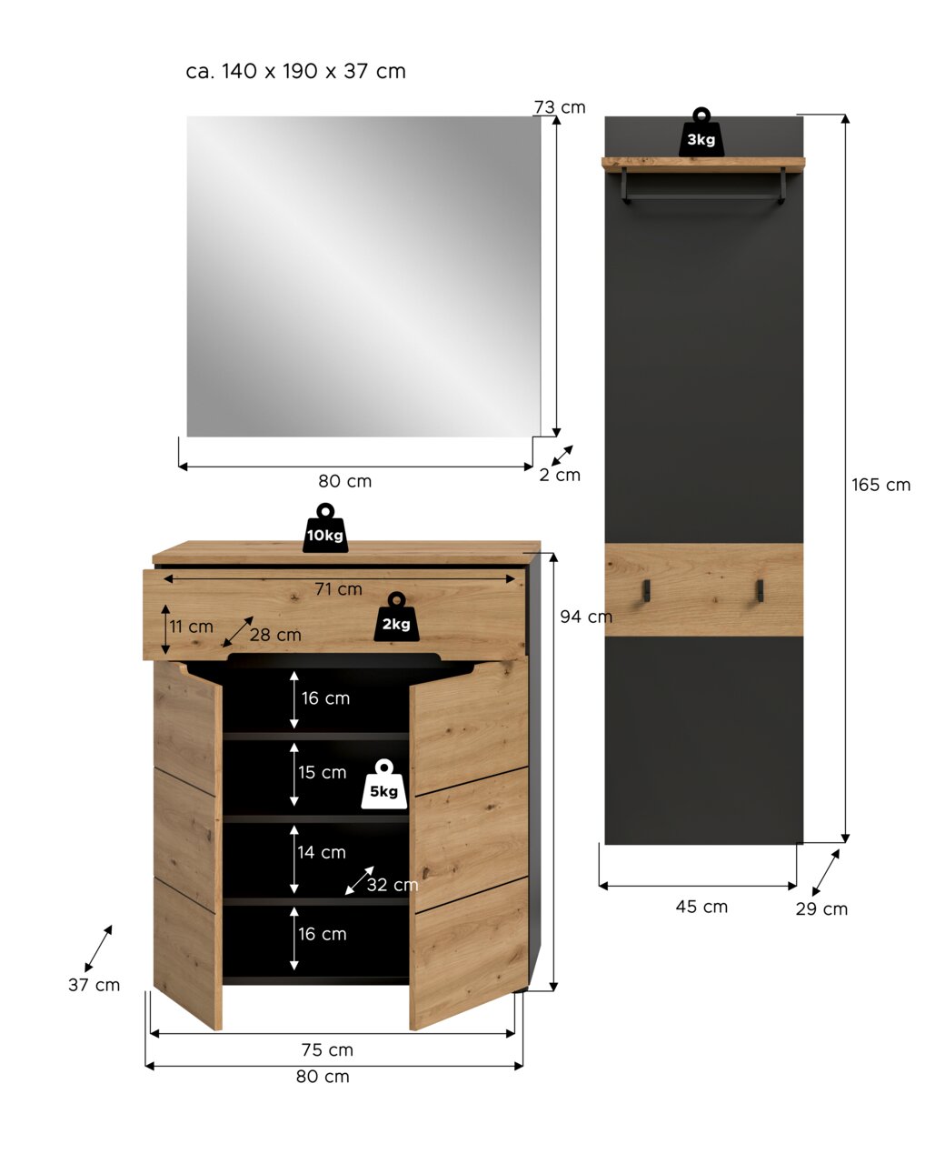 Garderoben-Set in Eiche-Optik und Schwarz mit Spiegel, Schuhschrank und Garderobenpaneel mit Ablage und Haken, inklusive Maßangaben; Ansicht von vorn (Schuhschrank mit geöffneten Türen)