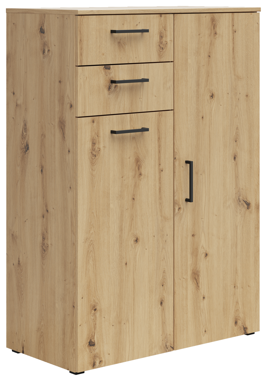 Carryhome Kommode MULTISTAURAUM Holzkommode mit zwei Schubladen und einer Tür, seitliche Perspektive