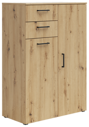 Holzkommode mit zwei Schubladen und einer Tür, seitliche Perspektive