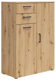 Holzkommode mit zwei Schubladen und einer Tür, seitliche Perspektive