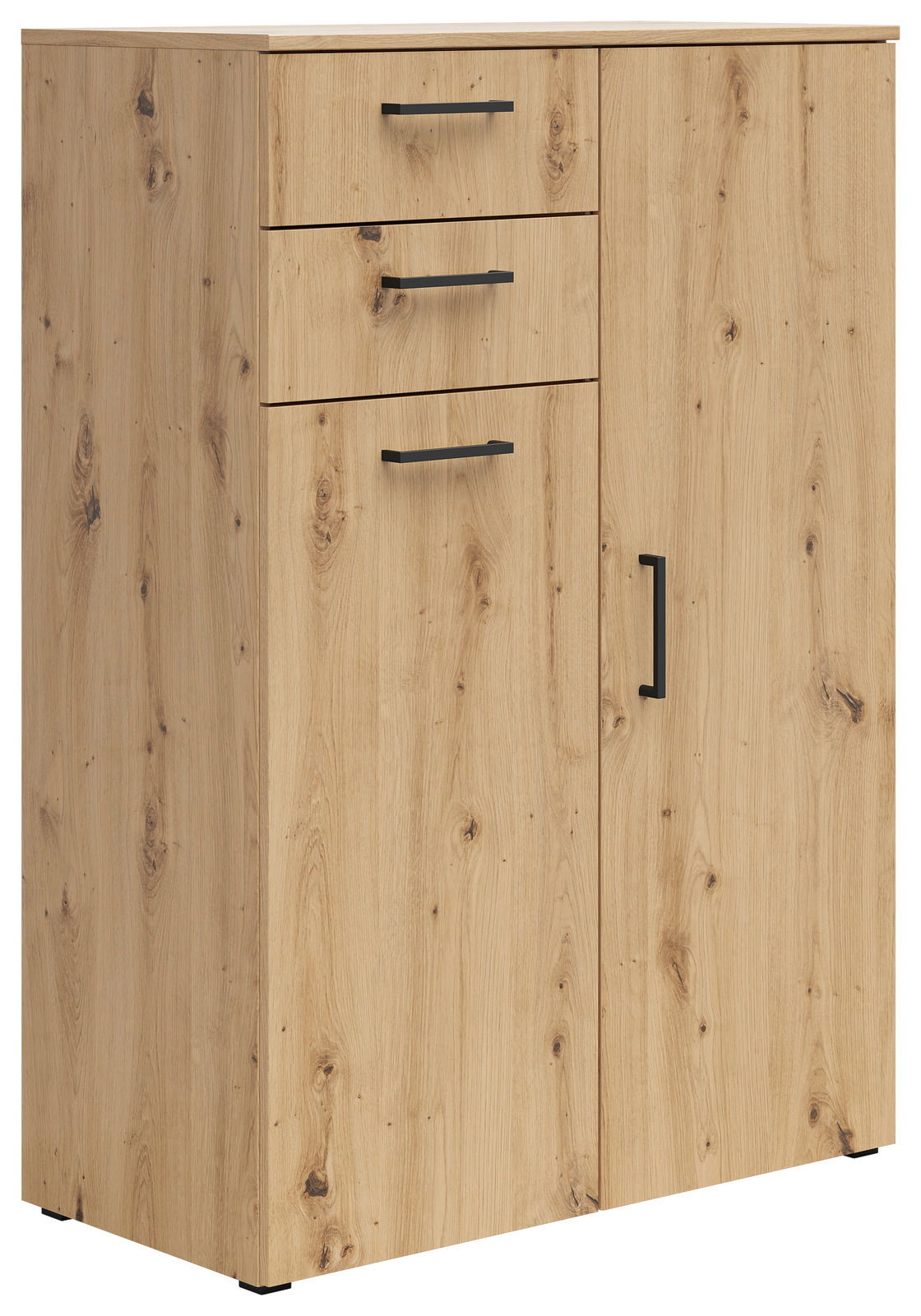 Holzkommode mit zwei Schubladen und einer Tür, seitliche Perspektive