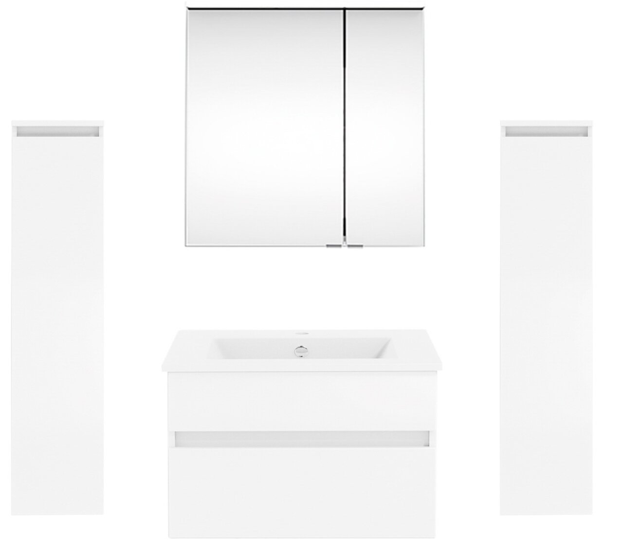 Puris Badkombination GET2YOU 21 Frontale Ansicht einer modernen Badkombination der Serie NEXT4YOU von Puris, bestehend aus einem Spiegelschrank, einem Waschbeckenunterschrank und zwei hohen Seitenschränken in Weiß.
