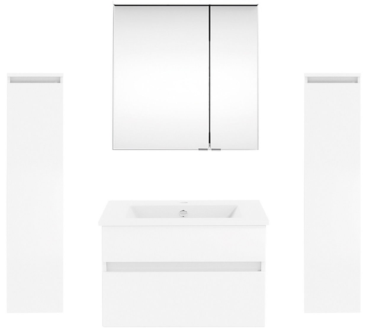 Frontale Ansicht einer modernen Badkombination der Serie NEXT4YOU von Puris, bestehend aus einem Spiegelschrank, einem Waschbeckenunterschrank und zwei hohen Seitenschränken in Weiß.