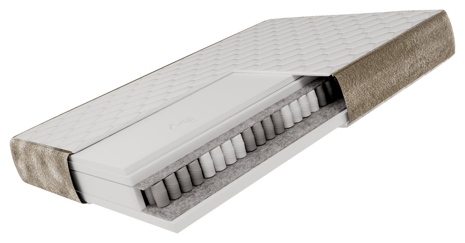 Querschnitt einer Matratze mit sichtbaren Taschenfedern und weichem Bezug, perspektivisch von der Seite gezeigt.