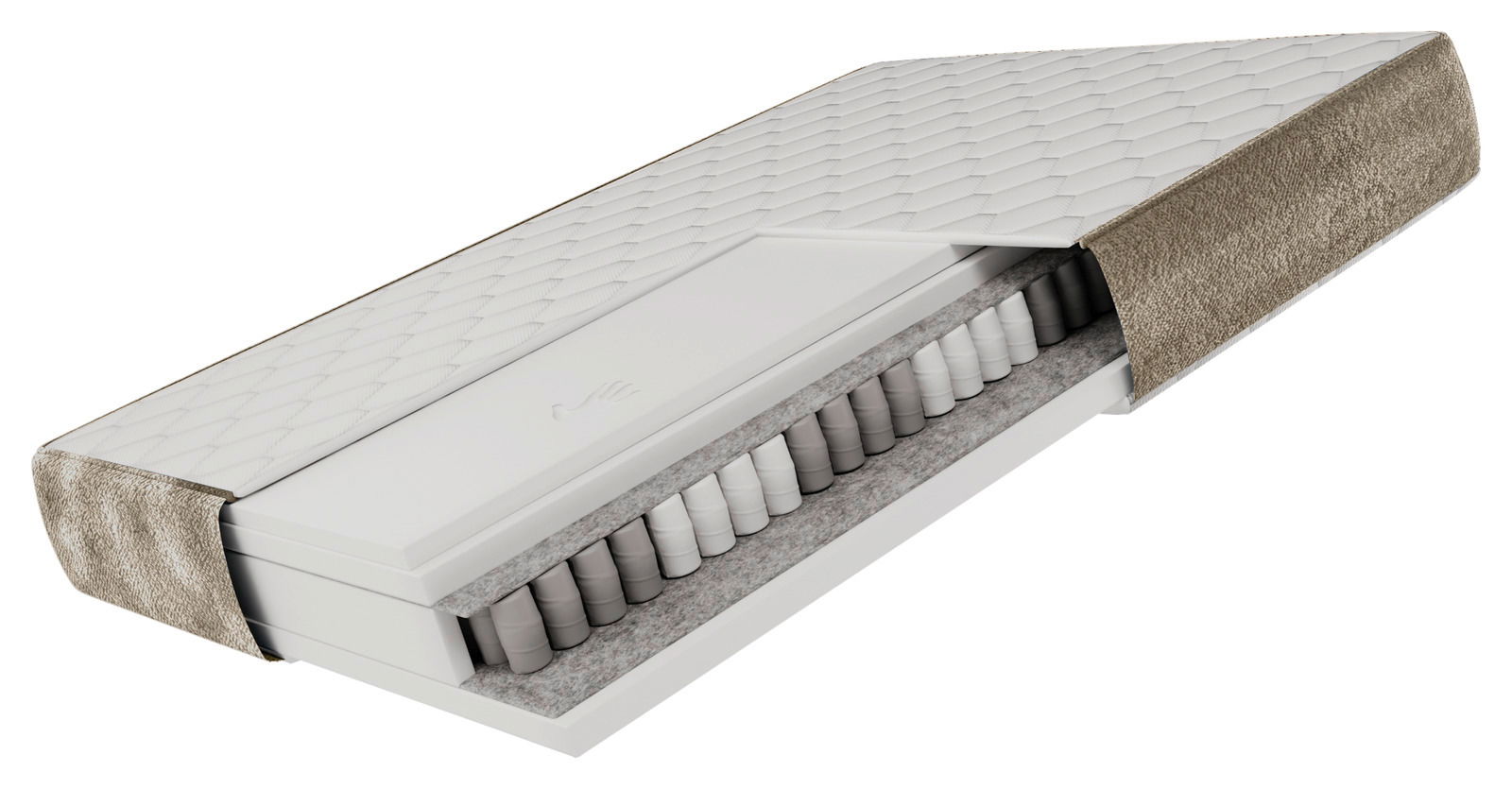 Querschnitt einer Matratze mit sichtbaren Taschenfedern und weichem Bezug, perspektivisch von der Seite gezeigt.