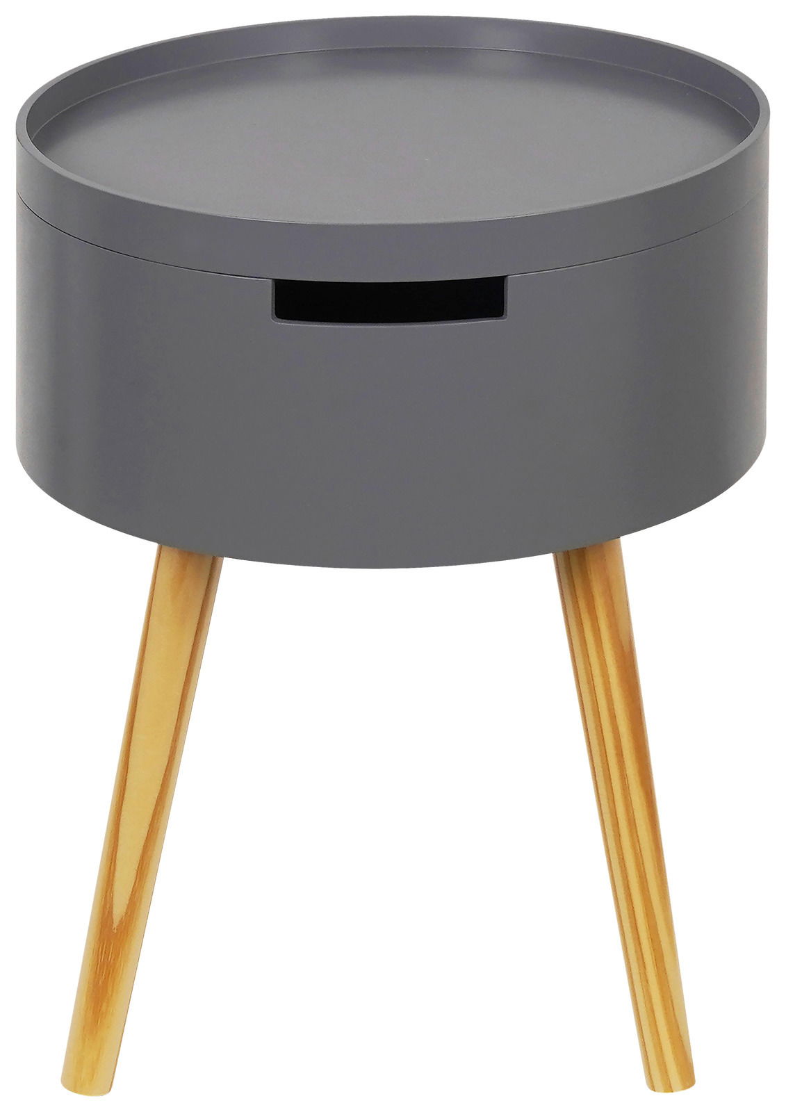 Moderner grauer Beistelltisch mit runder Form und drei Holzbeinen, seitliche Perspektive