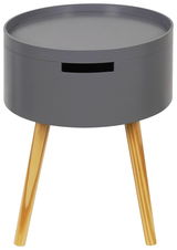 Moderner grauer Beistelltisch mit runder Form und drei Holzbeinen, seitliche Perspektive