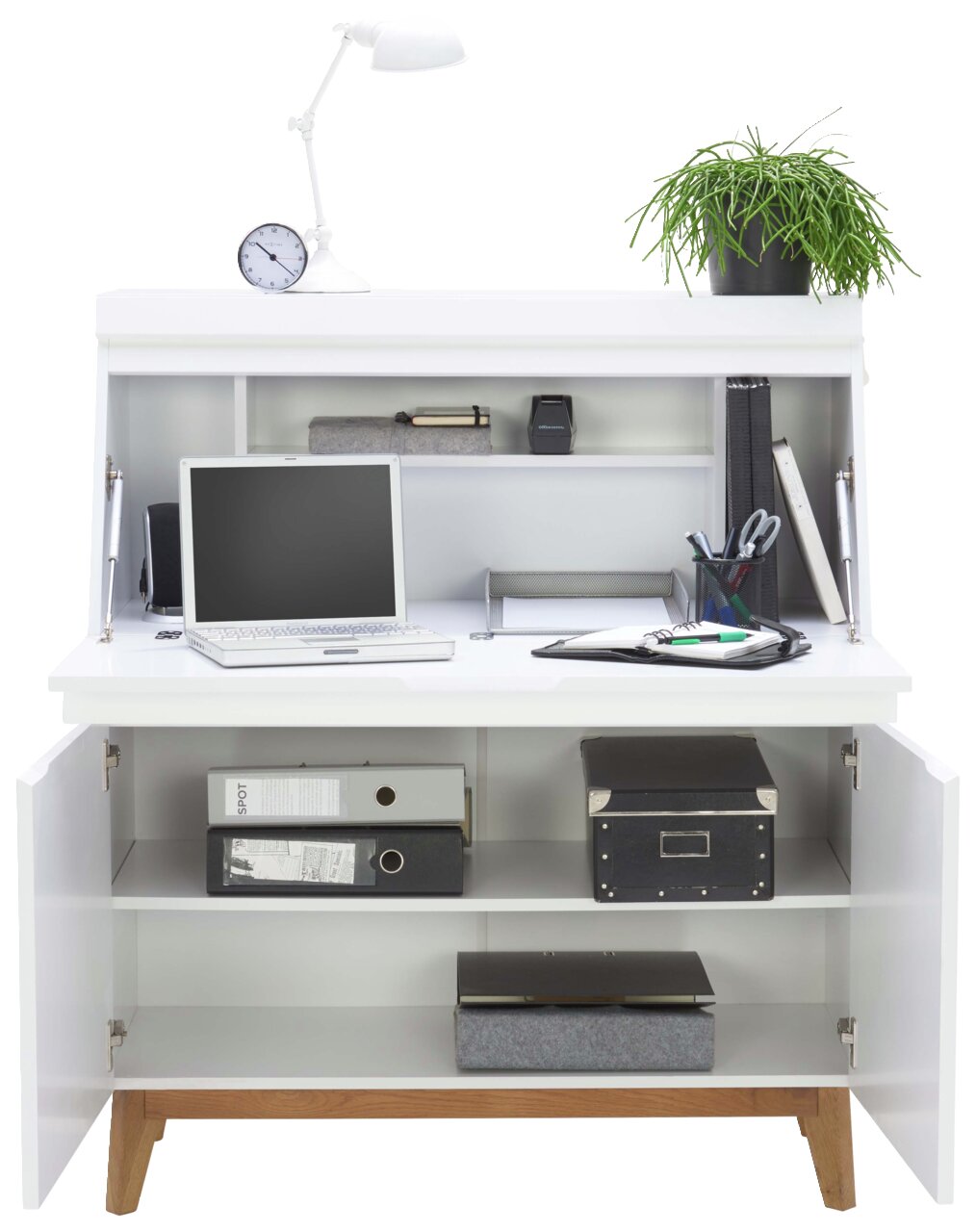 Moderne witte secretaire met open voorkant, voorzien van een laptop, bureaulamp, klok, plant en kantoorbenodigdheden.