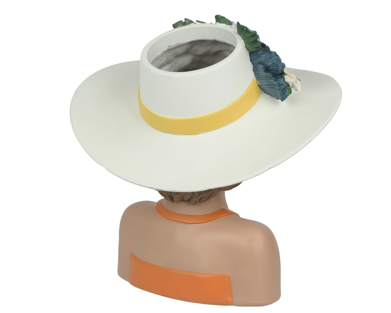 Decoris Pot Weiße Damen-Sommerhut-Dekoration mit breiter Krempe, gelbem Band und floralem Akzent, auf Büstenfigur – Rückansicht leicht von oben