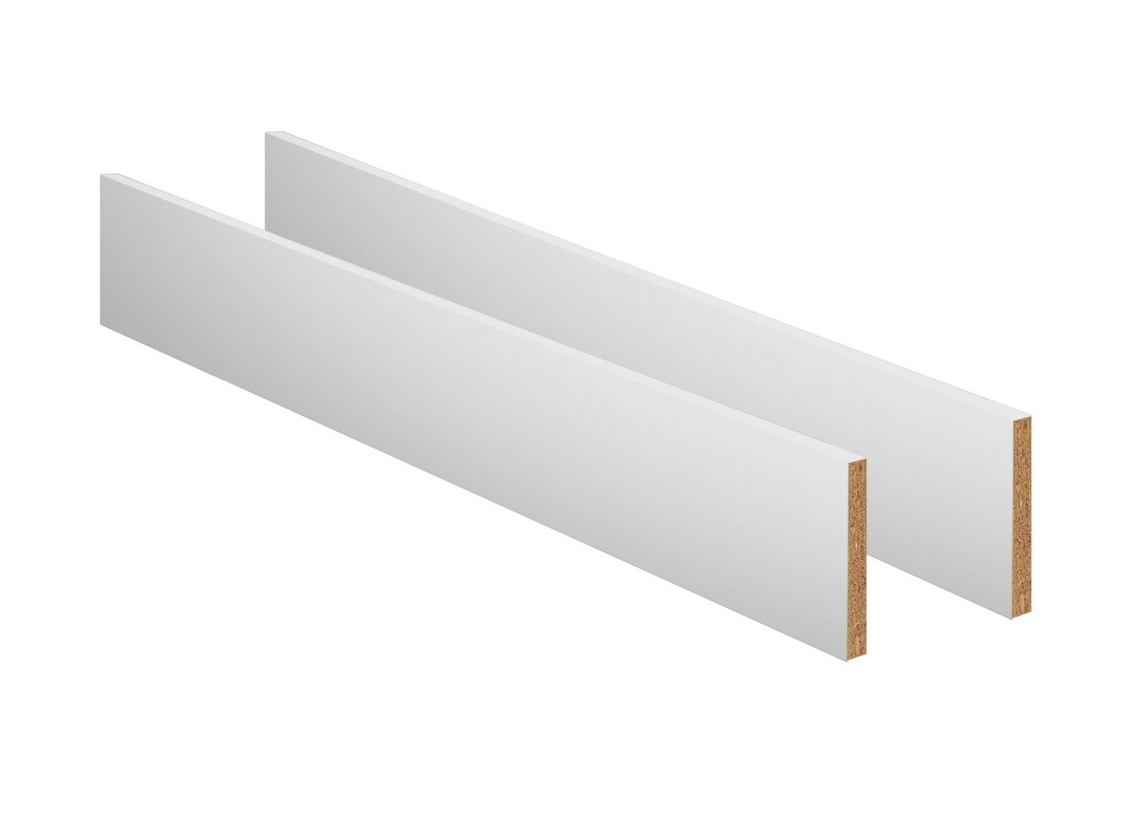 Zwei weiße Umbauseiten aus Holzwerkstoff, perspektivisch von der Seite betrachtet.