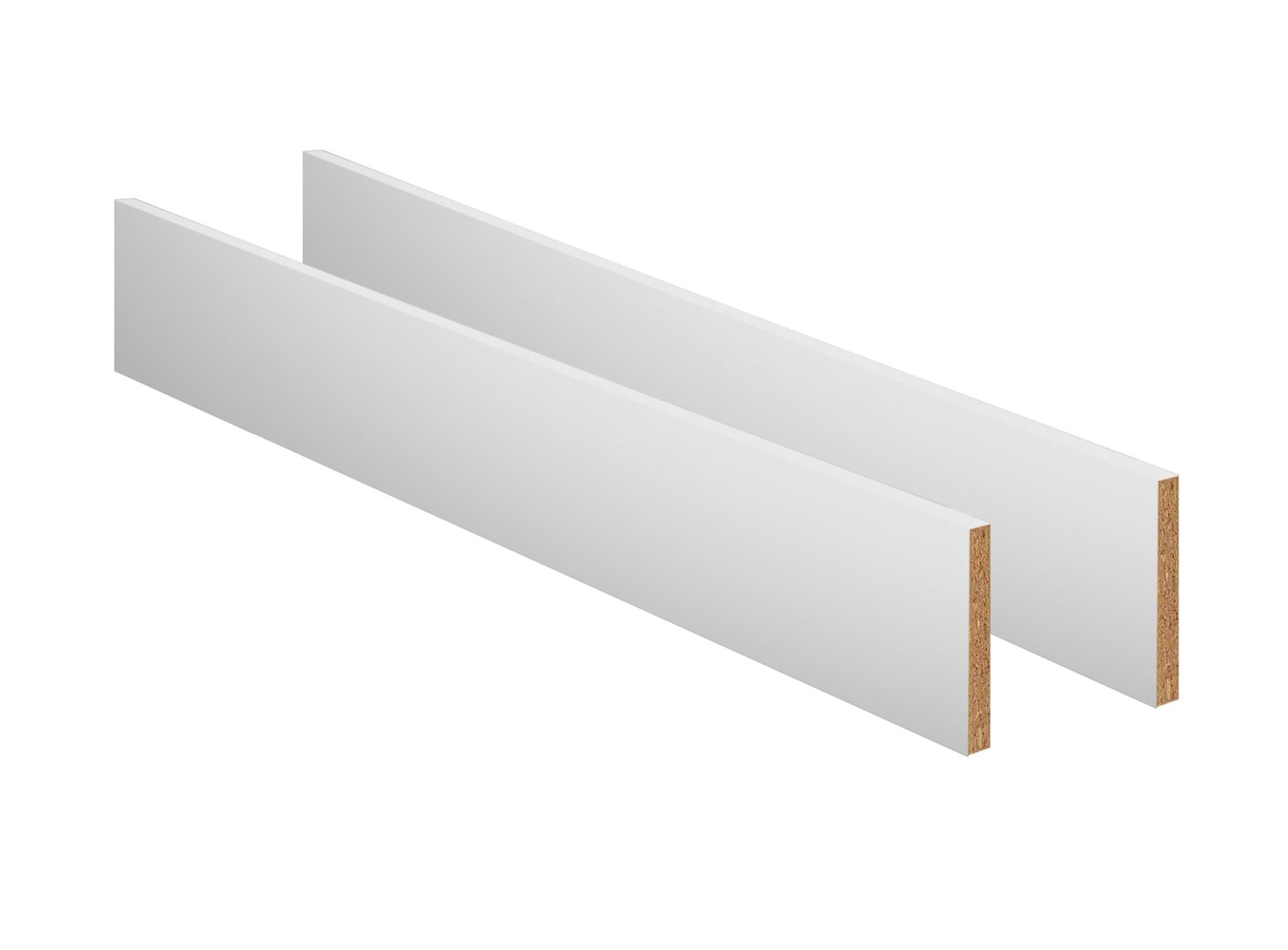 Zwei weiße Umbauseiten aus Holzwerkstoff, perspektivisch von der Seite betrachtet.