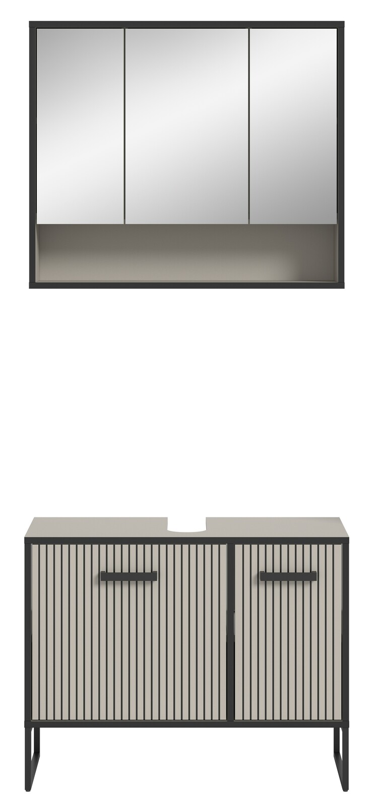 Moderne Badkombination mit Spiegelschrank und Unterschrank in Frontansicht. Der Spiegelschrank hat drei Türen, der Unterschrank hat eine geriffelte Oberfläche und zwei Griffe.