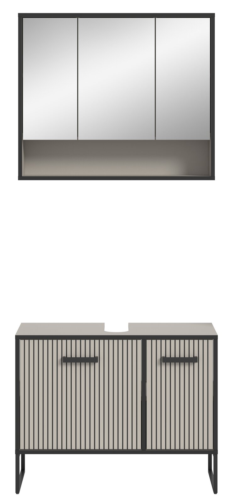 Moderne Badkombination mit Spiegelschrank und Unterschrank in Frontansicht. Der Spiegelschrank hat drei Türen, der Unterschrank hat eine geriffelte Oberfläche und zwei Griffe.