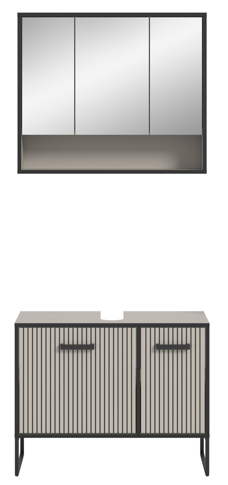 Moderne Badkombination mit Spiegelschrank und Unterschrank in Frontansicht. Der Spiegelschrank hat drei Türen, der Unterschrank hat eine geriffelte Oberfläche und zwei Griffe.