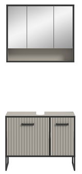 Moderne Badkombination mit Spiegelschrank und Unterschrank in Frontansicht. Der Spiegelschrank hat drei Türen, der Unterschrank hat eine geriffelte Oberfläche und zwei Griffe.