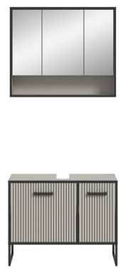 Moderne Badkombination mit Spiegelschrank und Unterschrank in Frontansicht. Der Spiegelschrank hat drei Türen, der Unterschrank hat eine geriffelte Oberfläche und zwei Griffe.