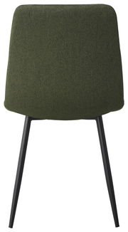 Rückansicht eines Stuhls mit olivgrünem Stoffbezug und schwarzen Metallbeinen
