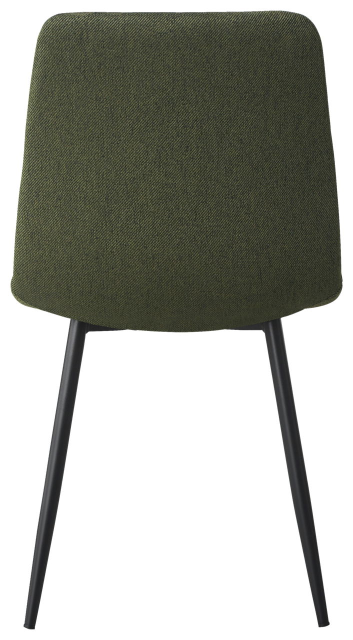 Rückansicht eines Stuhls mit olivgrünem Stoffbezug und schwarzen Metallbeinen
