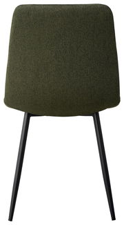 Rückansicht eines Stuhls mit olivgrünem Stoffbezug und schwarzen Metallbeinen